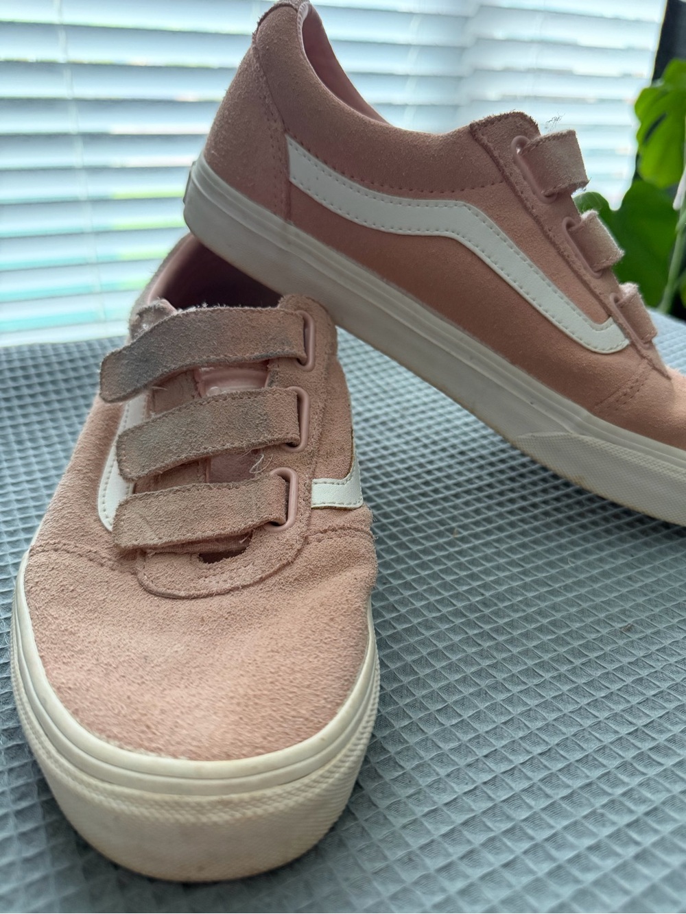 Vans Pink Suede Velcro Old Skool Sneakers with White Stripe